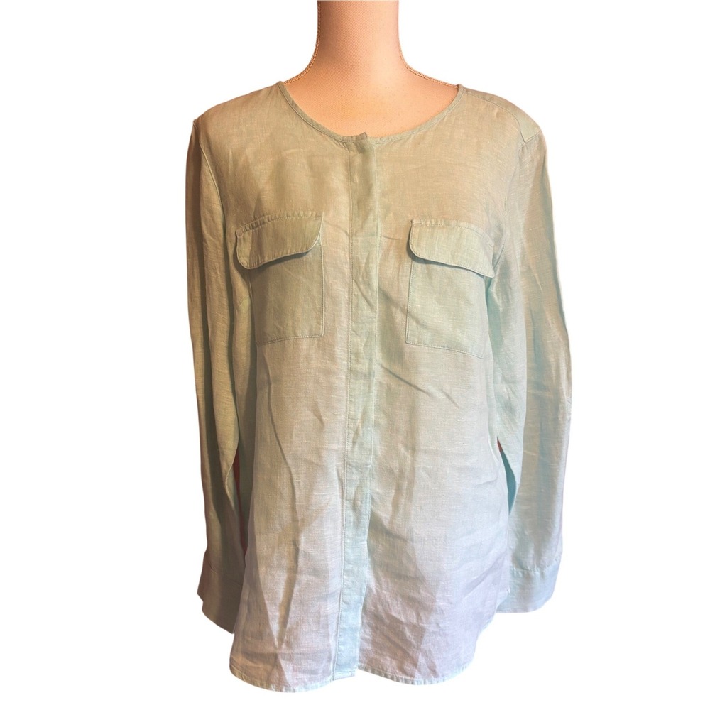 Talbots Aqua Blue 100% Linen Roll Tab Sleeve Tunic Blouse, medium, Quiet luxury